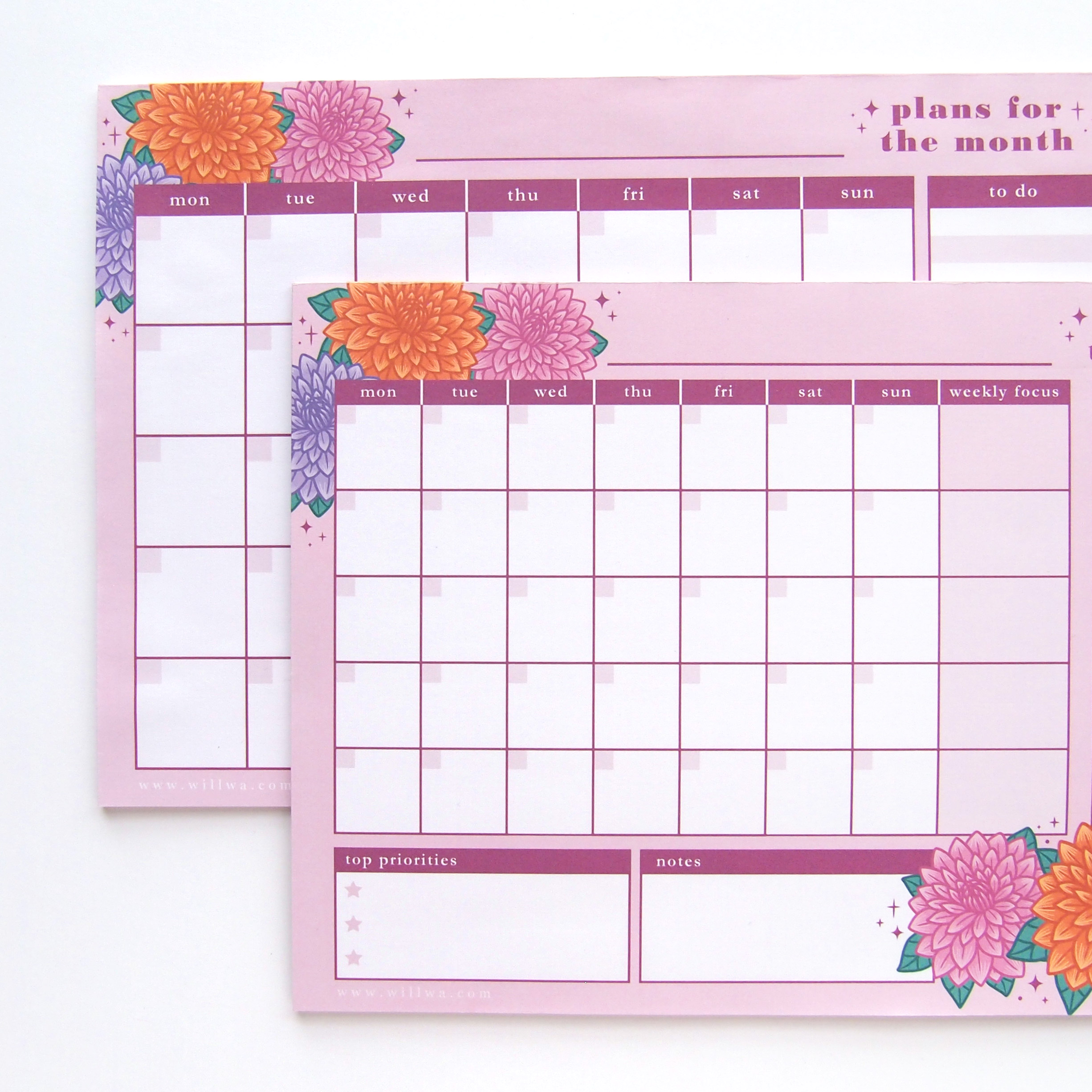 Monthly Planner Notepad Dahlias - Design by Willwa
